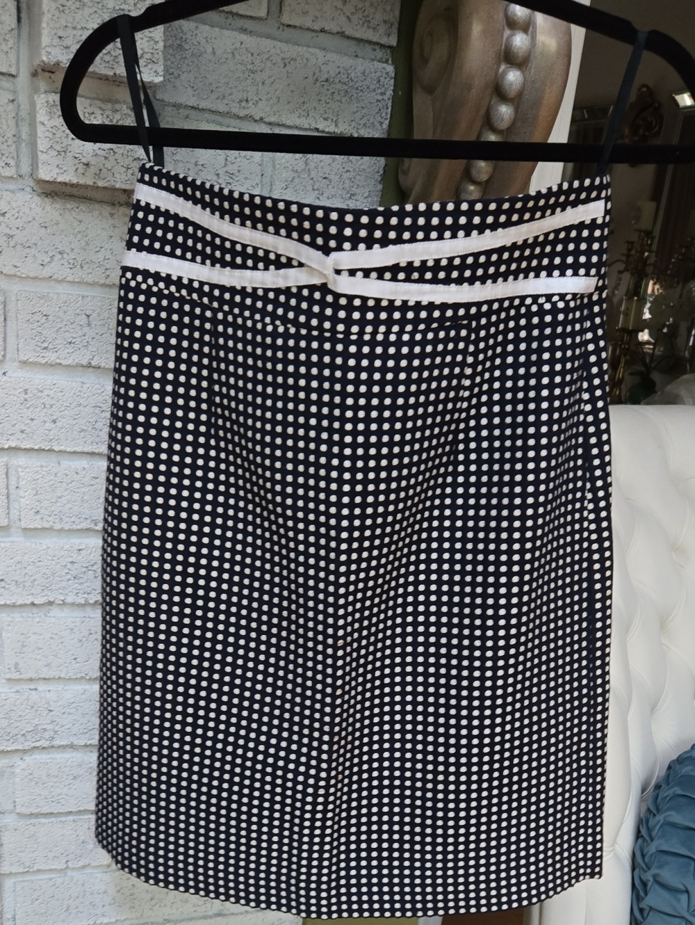 ANTONIO MELANI Dark Blue and White Polka Dot Pencil Skirt with Waist Trim
